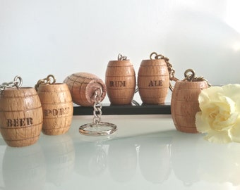 Personalised Wooden barrel keyring wood oak rustic, plain, Spices, Rum, Whisky, Port, Beer, Ale, Burton-on-Trent Brewing