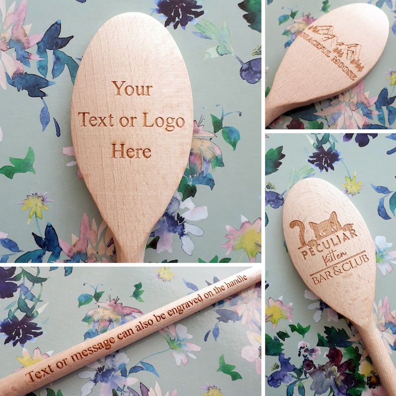 Personalised Engraved Wooden Spoon, Cooking, any text or logo can be engraved on the handle and head, laser engraved, 20cm, 30cm, 35cm image 1