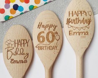 Happy Birthday Personalised Wooden Spoon, Occasion, Celebration, 18th, 21st, 25th, 30th, 40th, 50th, 60th, 70, 80th, 90th, 100th Birthday