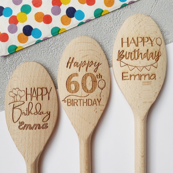 Happy Birthday Personalised Wooden Spoon, Occasion, Celebration, 18th, 21st, 25th, 30th, 40th, 50th, 60th, 70, 80th, 90th, 100th Birthday