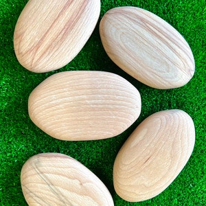 Puede incluir: Cinco piedras de madera lisas de forma ovalada, de diferentes tama&ntilde;os, dispuestas sobre una superficie de c&eacute;sped artificial verde.