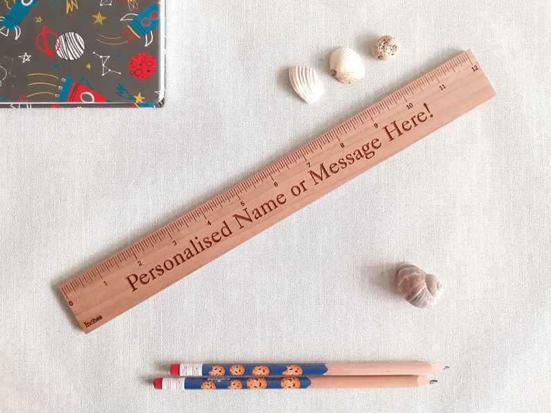 Personalised Wooden Ruler, Cherry 30cm or 12 inches wood ruler, laser engraved any text or font. Name engraved school, logo or image Natural image 2