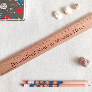 Personalised Wooden Ruler, Cherry 30cm or 12 inches wood ruler, laser engraved any text or font. Name engraved school, logo or image Natural image 1