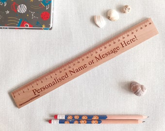 Personalised Wooden Ruler, Cherry 30cm or 12 inches wood ruler, laser engraved any text or font. Name engraved school, logo or image Natural