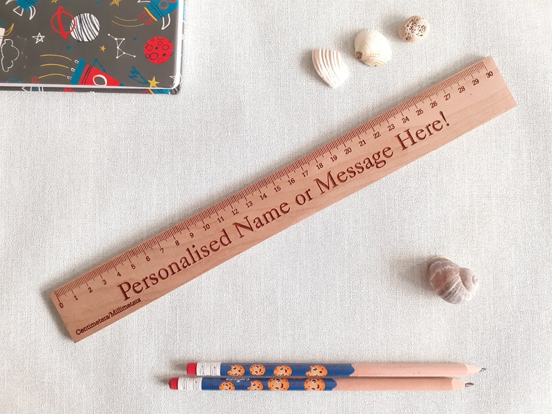 Personalised Wooden Ruler, Cherry 30cm or 12 inches wood ruler, laser engraved any text or font. Name engraved school, logo or image Natural image 1