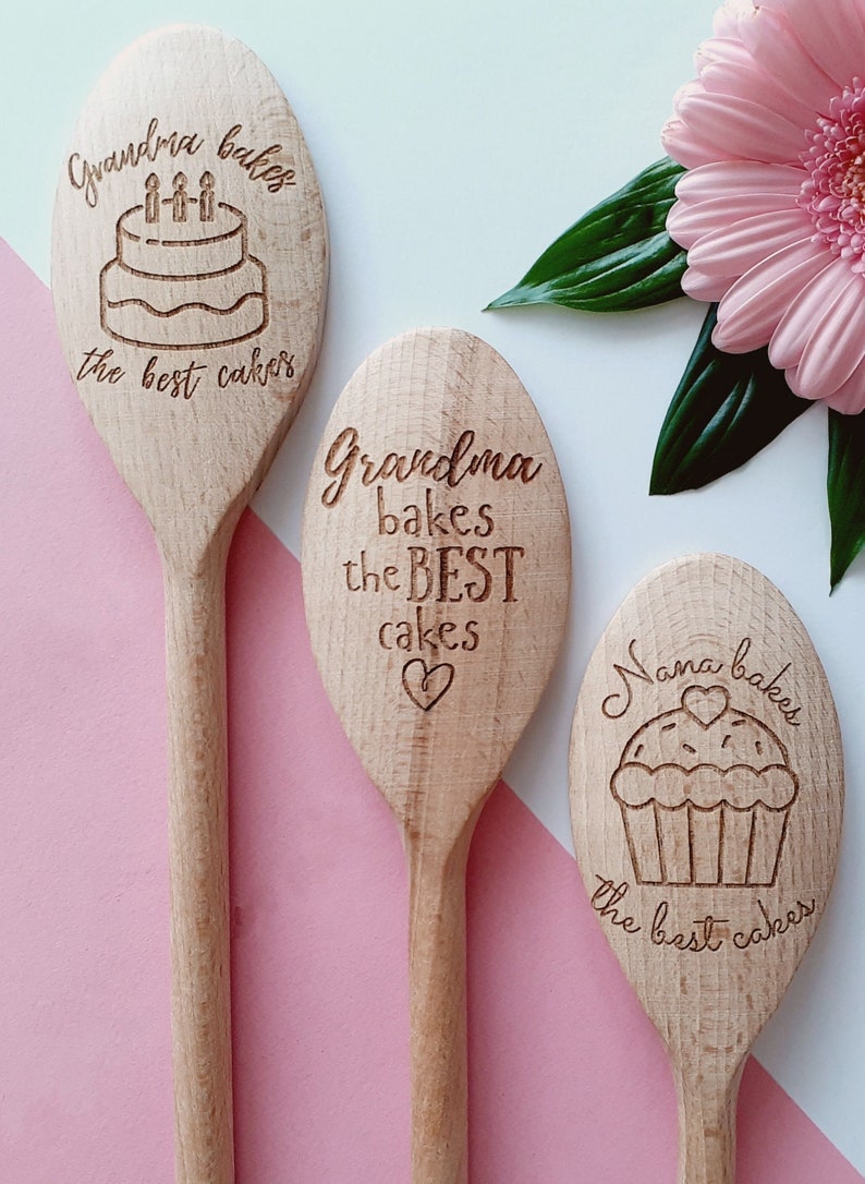 Grandma, Nana, Nanny, Granny, Gran, Mum, Dad, Bakes the best cakes Personalised Wooden Spoons, Cake Baking, Birthday Gift, Present Cooking image 5