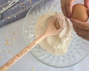 Personalised Wooden Spoon Cupcake Design, Baking Gift, Bake Off Award, Natural - Engraved with name on the handle, choice of spoon length.