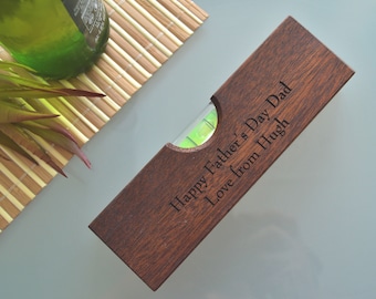 Personalised Walnut wooden bottle opener with built in spirit level, father's day, Birthday, For Him, Builder, Tradesman Present.