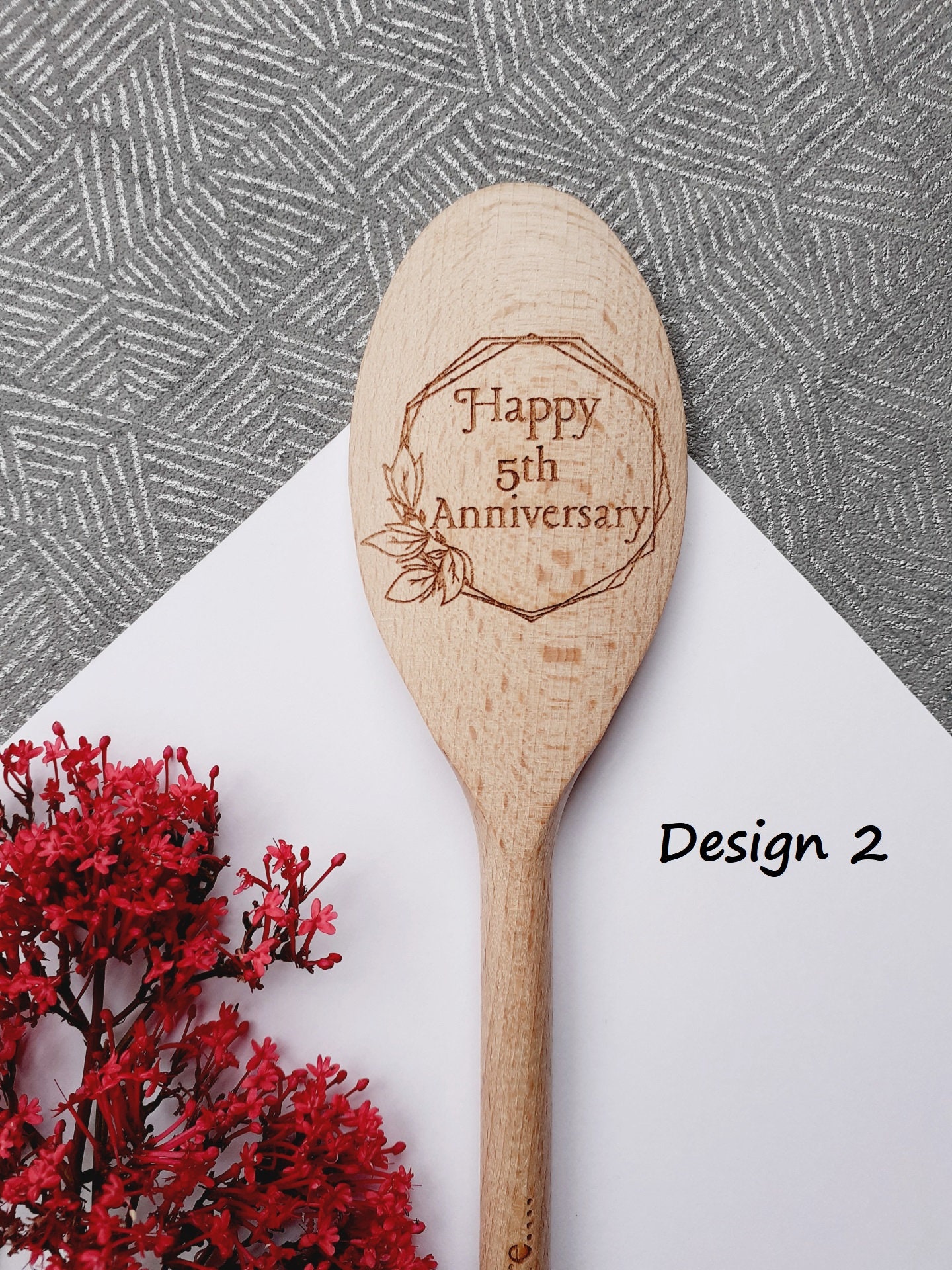 5th Wedding Anniversary, Celebrating 5 Years of Marriage, Wooden Spoon Design, Gift / Present For Him / Her, Happy Couple, Wood Present