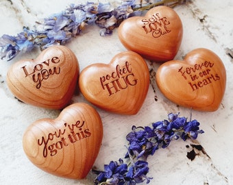 Pocket Hug Token Engraved 3D Wooden Heart, Love You, You've Got This, Self Love Club, Forever in our Hearts, 50mm x 45mm