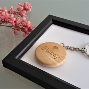 Personalised Round Wooden Keyring Star or Heart With Name & Initial, FSC Wood, Gift or Present 40mm in diameter image 6