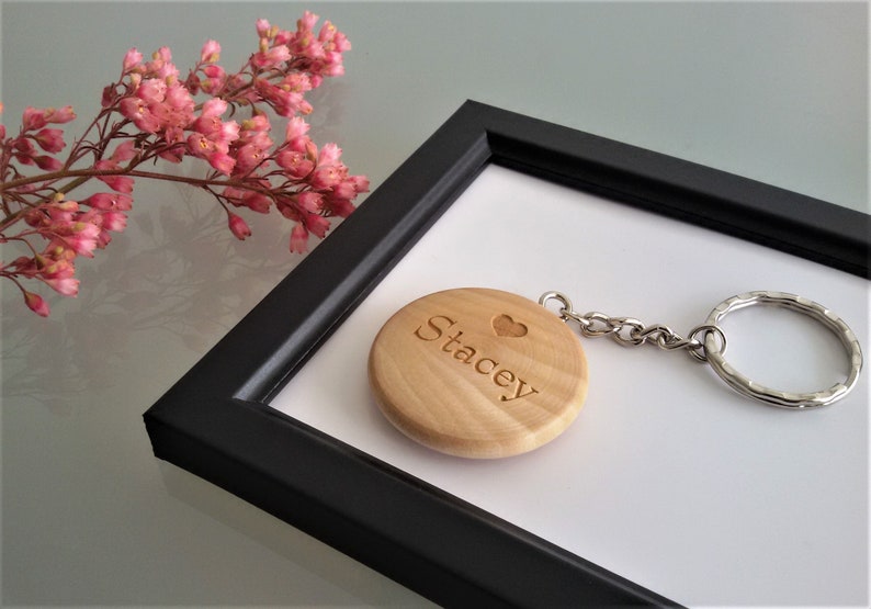 Personalised Round Wooden Keyring Star or Heart With Name & Initial, FSC Wood, Gift or Present 40mm in diameter image 6