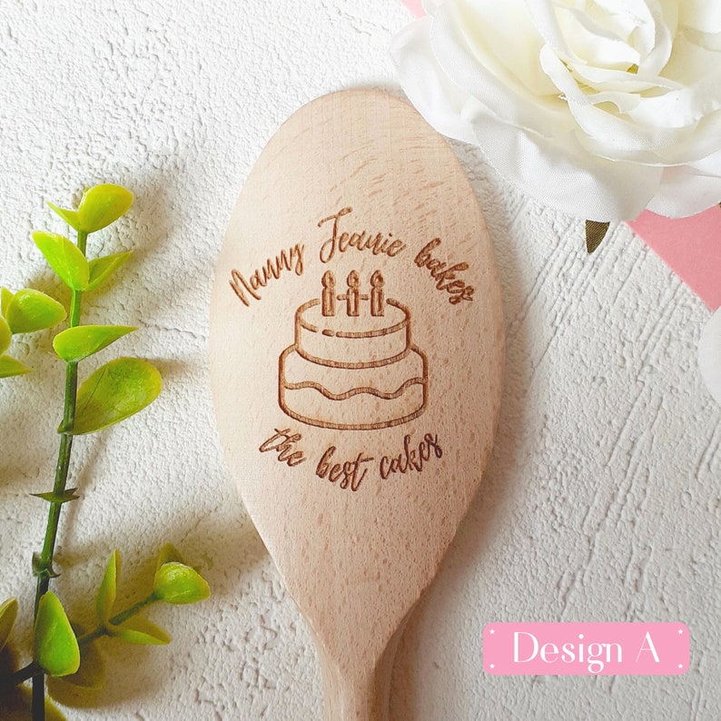 Grandma, Nana, Nanny, Granny, Gran, Mum, Dad, Bakes the best cakes Personalised Wooden Spoons, Cake Baking, Birthday Gift, Present Cooking image 2