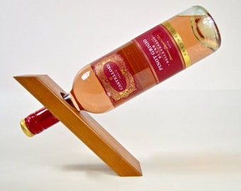 Gravity Illusion Wine Bottle Stand – Solid Cherry Wood Balancing Holder, Unique Wine Gift, UK Handmade