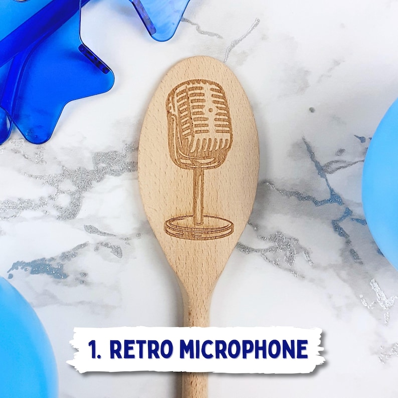 Karaoke-Gesangsmikrofonlöffel / gravierter personalisierter Holzlöffel, Hochzeits- / Geburtstagsgeschenk für Gäste / Party, singen Sie es ..... 1. Retro Microphone