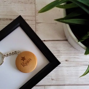 Personalised Round Wooden Keyring Star or Heart With Name & Initial, FSC Wood, Gift or Present 40mm in diameter image 2