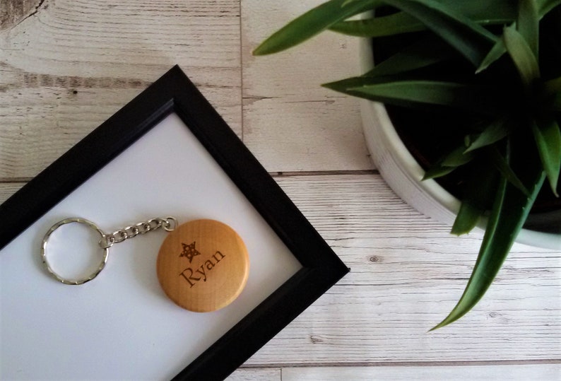 Personalised Round Wooden Keyring Star or Heart With Name & Initial, FSC Wood, Gift or Present 40mm in diameter image 2