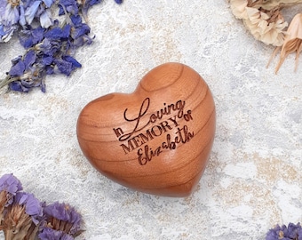 In Loving Memory Of Wooden Heart, Personalised Memorial, Engraved Keepsake, Funeral Gift, Celebration of Life, Natural Cherry Wood, 60mm