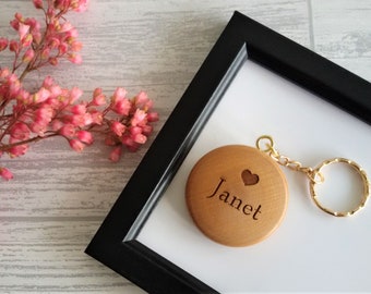 Personalised Round Wooden Keyring - Star or Heart With Name & Initial, FSC Wood, Gift or Present 40mm in diameter