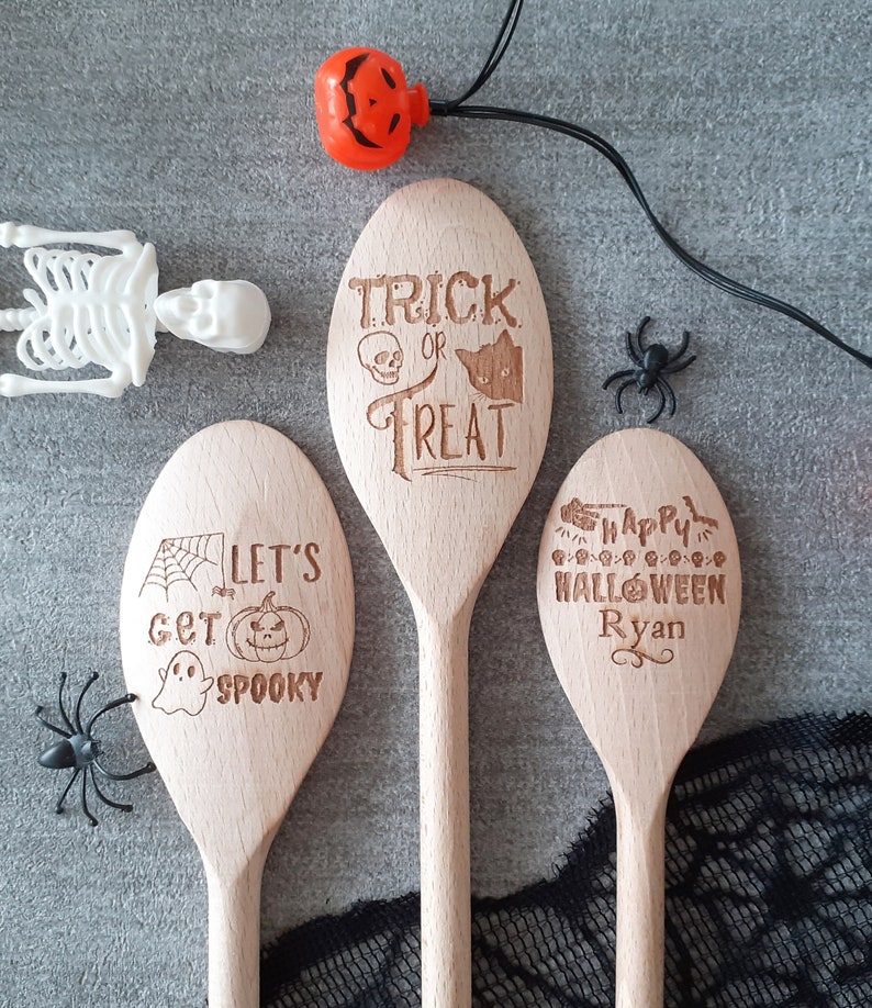 Spooky Spoons Personalised Halloween Design, Gift, Trick or Treat, Pumpkin, Wooden spoon image 1