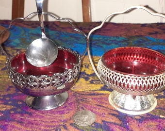 2 x ruby glass sugar bowls in silver stands