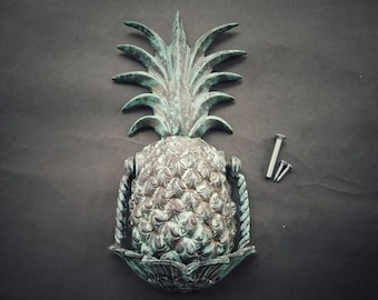 Aldaba de puerta PIÑA de 25 cm, color verde cardenillo, de latón antiguo, gótica, para puerta de entrada, de bienvenida.