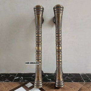 24&quot; Pair Door Handle Brass Antique Carving, Back to Back Door Pulls Handles, Exterior Door Pull, Large Door Handle, Entry Door Handle