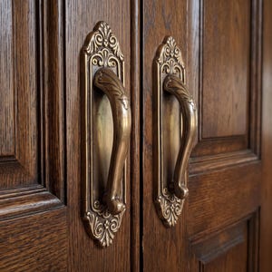 Puede incluir: Dos pomos de puerta de latón ornamentado montados en una puerta doble de madera marrón oscuro. Cada pomo presenta un agarre curvo y una placa alargada con detalles florales en relieve en los extremos, fijada con tornillos visibles.