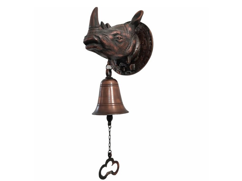 RHINO Brass Bell Wall, Solid Brass Doorbell, Rhinoceros Brass Bell Hanger, Handmade Bell, Bell Ornaments, Hanging Bells, Brass Bell for Door image 5