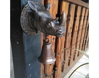 RHINO Brass Bell Wall, Solid Brass Doorbell, Rhinoceros Brass Bell Hanger, Handmade Bell, Bell Ornaments, Hanging Bells, Brass Bell for Door
