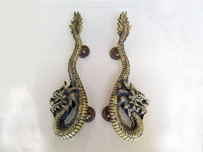 2X DRAGON Door Pull Handle Brass Door Handle Antique Door Etsy