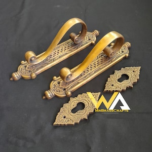 French Door Handle Antique, Classic Brass Door Pull, Front Door Handle, Door Handle Pull, Door Handle Set, Entry Door Decor, Free 2 Keyhole