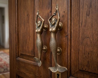 Large 15 Inch Brass Mermaid Door Handles Pair, Coastal Mermaid Pulls for Cabinet, Antique Brass Nautical Door Knobs, Beach House Hardware