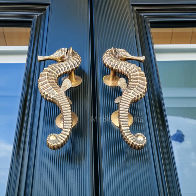 Peut inclure: Deux poign&eacute;es de porte en forme d'hippocampes en bronze, fix&eacute;es sur une porte noire. Les hippocampes sont richement d&eacute;taill&eacute;s avec des &eacute;cailles et des nageoires textur&eacute;es, et sont mont&eacute;s sur des bases rondes de couleur laiton. La porte pr&eacute;sente des rainures verticales.