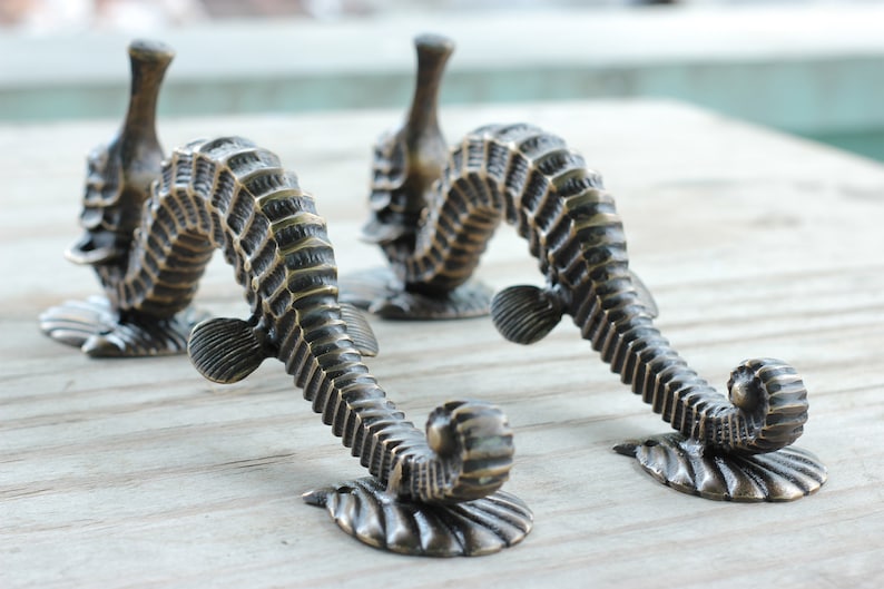 Peut inclure: Tirants de meubles en forme d'hippocampes en bronze. Ces poign&eacute;es d&eacute;coratives pr&eacute;sentent un motif d'hippocampe d&eacute;taill&eacute; avec une finition textur&eacute;e. Les hippocampes sont mont&eacute;s sur une base en forme de coquillage. Id&eacute;al pour une touche nautique.