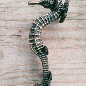 Peut inclure: Une poign&eacute;e de porte en forme d'hippocampe de couleur bronze. La poign&eacute;e est orn&eacute;e de cr&ecirc;tes et d'ailerons d&eacute;taill&eacute;s, sur une surface en bois clair. L'hippocampe est un &eacute;l&eacute;ment d&eacute;coratif, ajoutant un th&egrave;me nautique.
