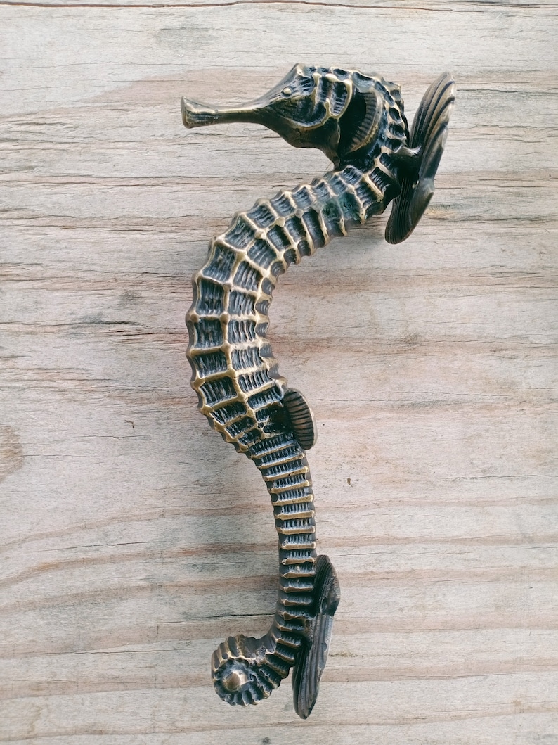 Peut inclure: Une poign&eacute;e de porte en forme d'hippocampe de couleur bronze. La poign&eacute;e est orn&eacute;e de cr&ecirc;tes et d'ailerons d&eacute;taill&eacute;s, sur une surface en bois clair. L'hippocampe est un &eacute;l&eacute;ment d&eacute;coratif, ajoutant un th&egrave;me nautique.