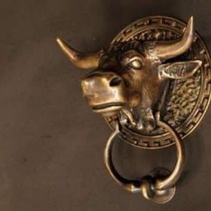 Può includere: Un batacchio per porte in ottone a forma di testa di toro con un anello decorativo. La testa di toro è dettagliata con una superficie testurizzata e un anello attorno al collo.