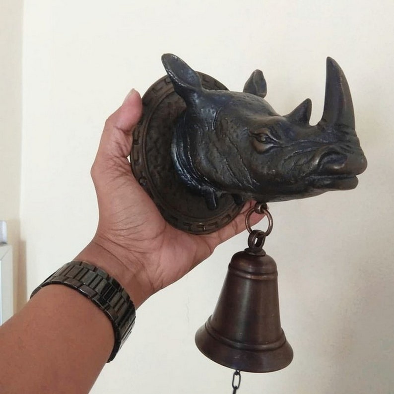 RHINO Brass Bell Wall, Solid Brass Doorbell, Rhinoceros Brass Bell Hanger, Handmade Bell, Bell Ornaments, Hanging Bells, Brass Bell for Door image 4