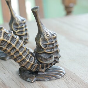 Peut inclure: Poign&eacute;es de meubles en forme d'hippocampes en bronze. Les poign&eacute;es pr&eacute;sentent un design d&eacute;taill&eacute; et textur&eacute; avec une finition brun dor&eacute;. Les hippocampes sont mont&eacute;s sur une surface en bois.