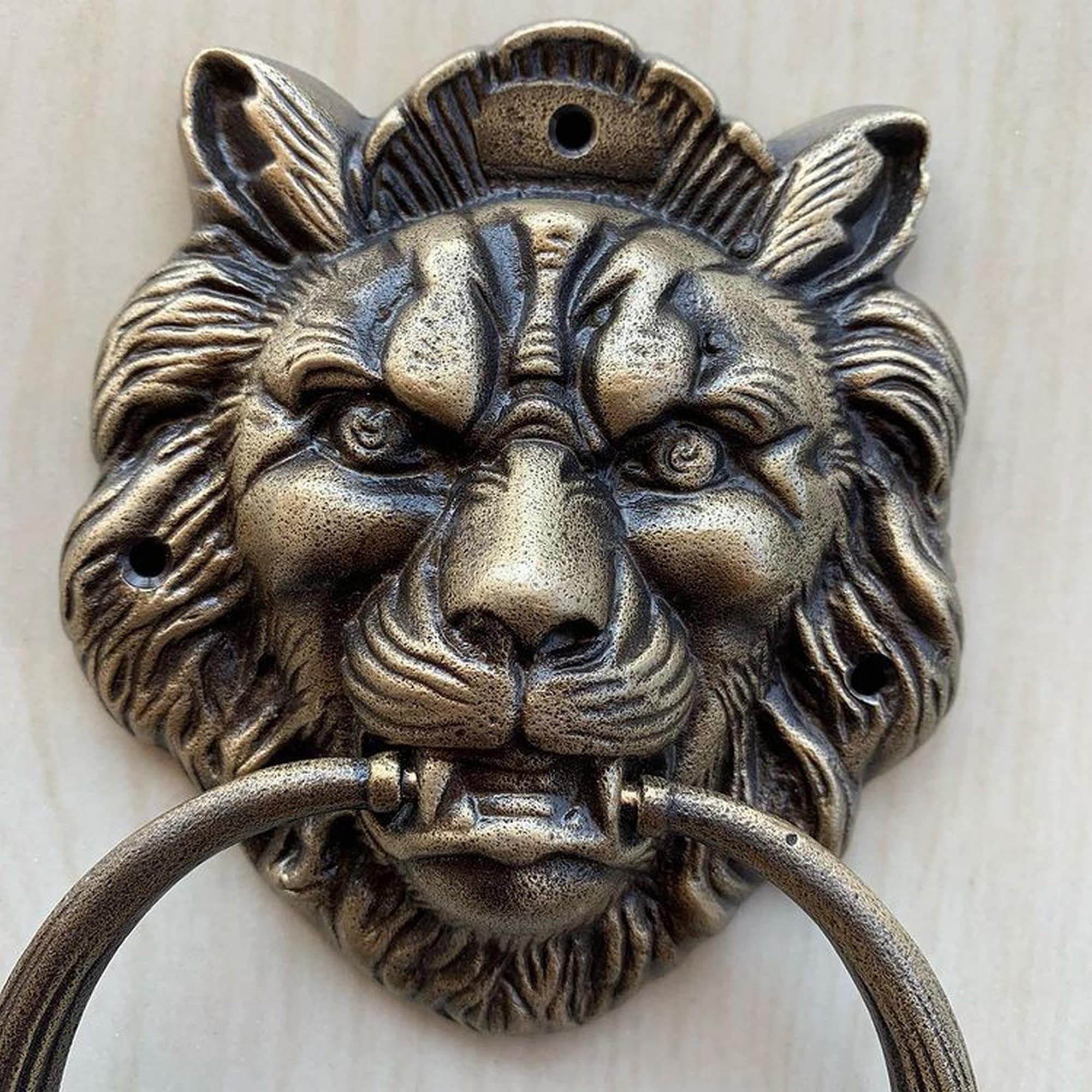 LION ドアノッカー 5.1インチ アンティーク真鍮ドアノッカー、真鍮 