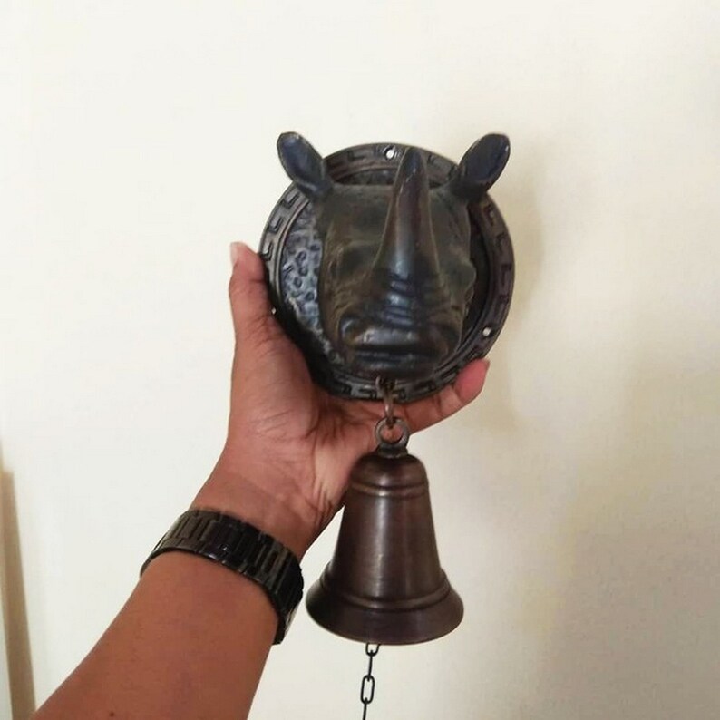 RHINO Brass Bell Wall, Solid Brass Doorbell, Rhinoceros Brass Bell Hanger, Handmade Bell, Bell Ornaments, Hanging Bells, Brass Bell for Door image 3