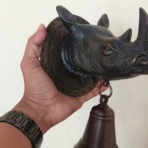 RHINO Brass Bell Wall, Solid Brass Doorbell, Rhinoceros Brass Bell Hanger, Handmade Bell, Bell Ornaments, Hanging Bells, Brass Bell for Door image 2