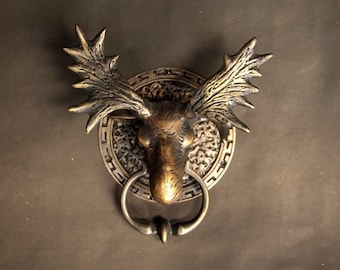 MOOSE DEER Brass Door Knocker, Antique ELK Deer Face Door Knocker, Moose Deer Head Front Door Knocker, Large Heavy Moose Deer Door Banger