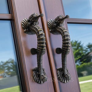 SEAHORSE Front Door Handle, Large Brass Seahorse Door Knob, Seahorse Gifts, Exterior Door Handle, Door Handle Set, Entry Door Decor