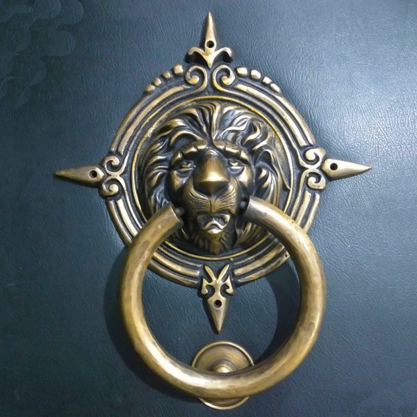 11,8" Large LION Door Knockers for Front Door, Antique Lion Head Brass Door Knocker, Lion Face Door Handle, Banger, Welcome Door Knocker