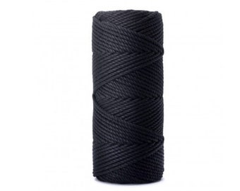 BLACK PREMIUM 3mm Macrame cord 3PLY, 100m, 108yd, Triple twisted cord, Cotton twisted rope, Macrame project, Cotton Cord 3-strand, to nappa