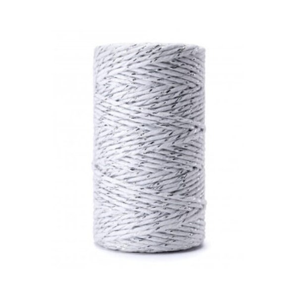 WHITE WITH SILVER wire, 100m = 109 yard, Glitter, Cotton cord 3mm, Twisted glitter effect, Metallic macramé cord, Recycled Cotton, Combable,