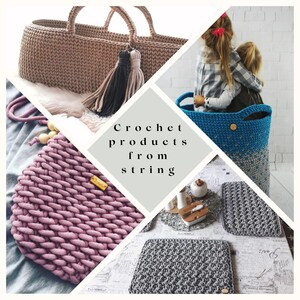 May include: Crochet products from string.  A collection of crocheted bags, baskets, and coasters in various colors and patterns.