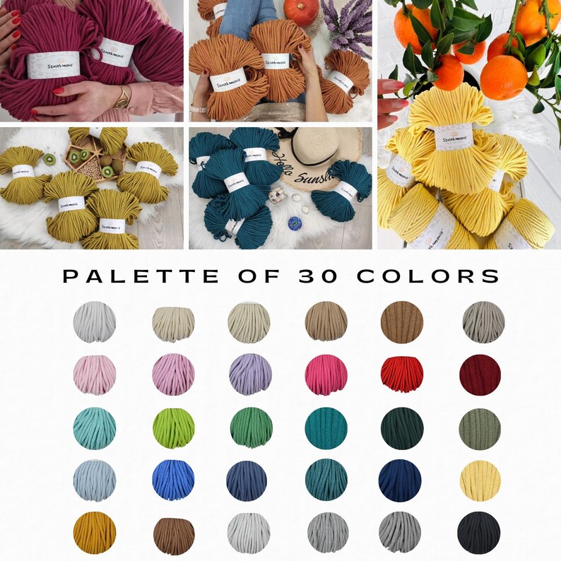 May include: A palette of 30 colors of cotton rope, arranged in a grid. The colors include beige, pink, lavender, red, burgundy, teal, green, blue, gray, and black.